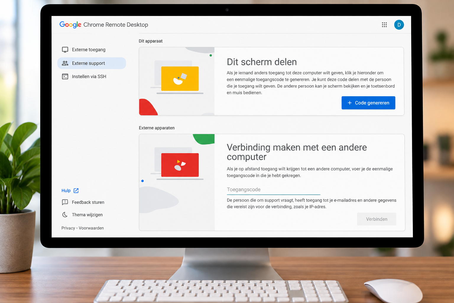 Chrome Remote Desktop support met de knop Code genereren